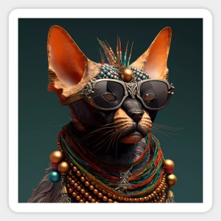 Hairless Cat wearing sunglasses, leather jacket and scarf, Expressive Art Sticker Sticker